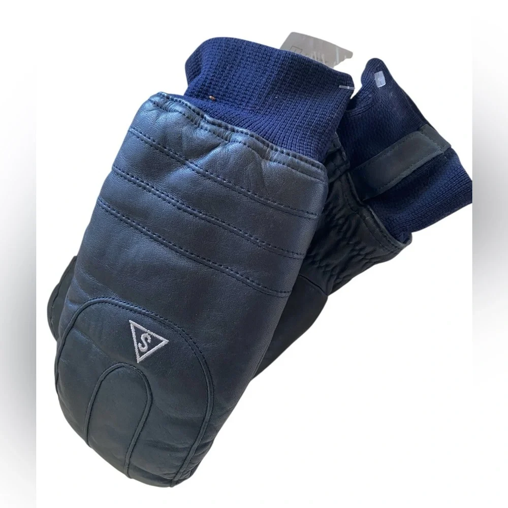 VINTAGE SARAMAC INSULATED BLUE LEATHER SKI MITTENS. One Size Fits up to Size XL